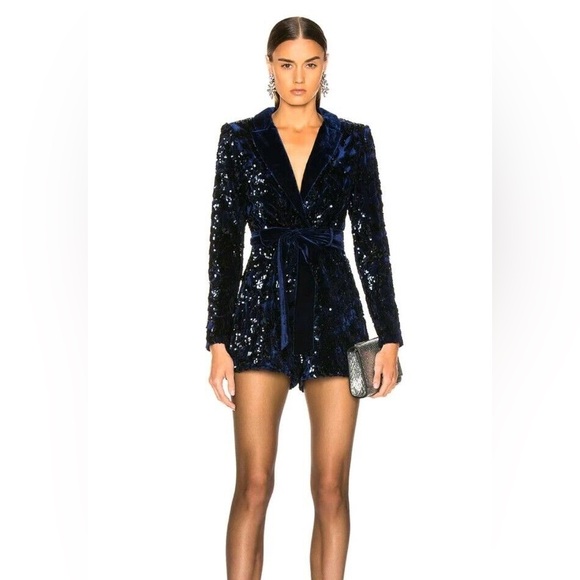 Alexis Pamina Sequin Belted Long Sleeve Romper in Navy Blue Size Medium - Picture 1 of 8